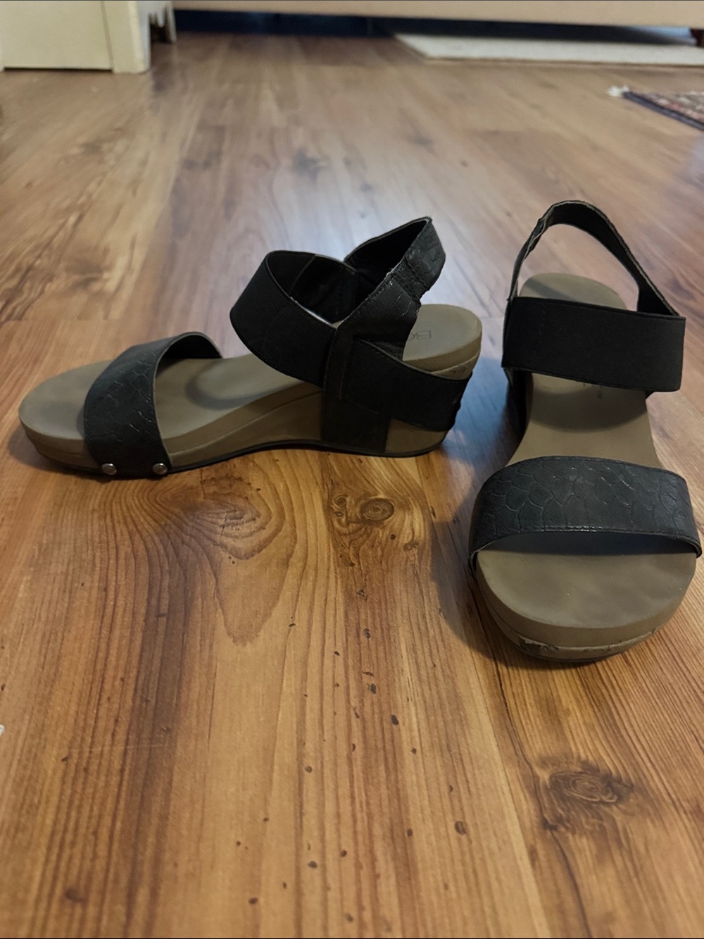 Women’s Black Wedge Sandals with Elastic Ankle Strap